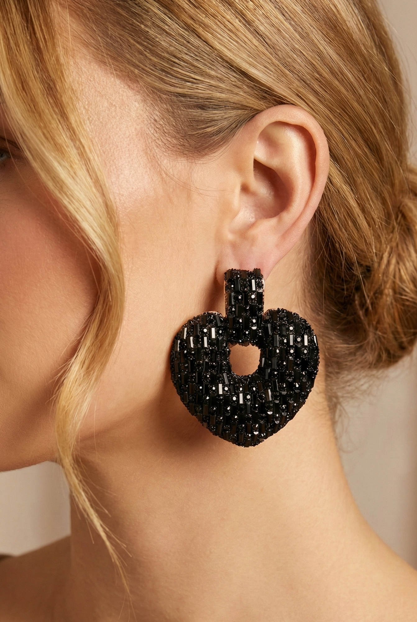 Heart-Shaped Stud Earrings with Dark Crystals