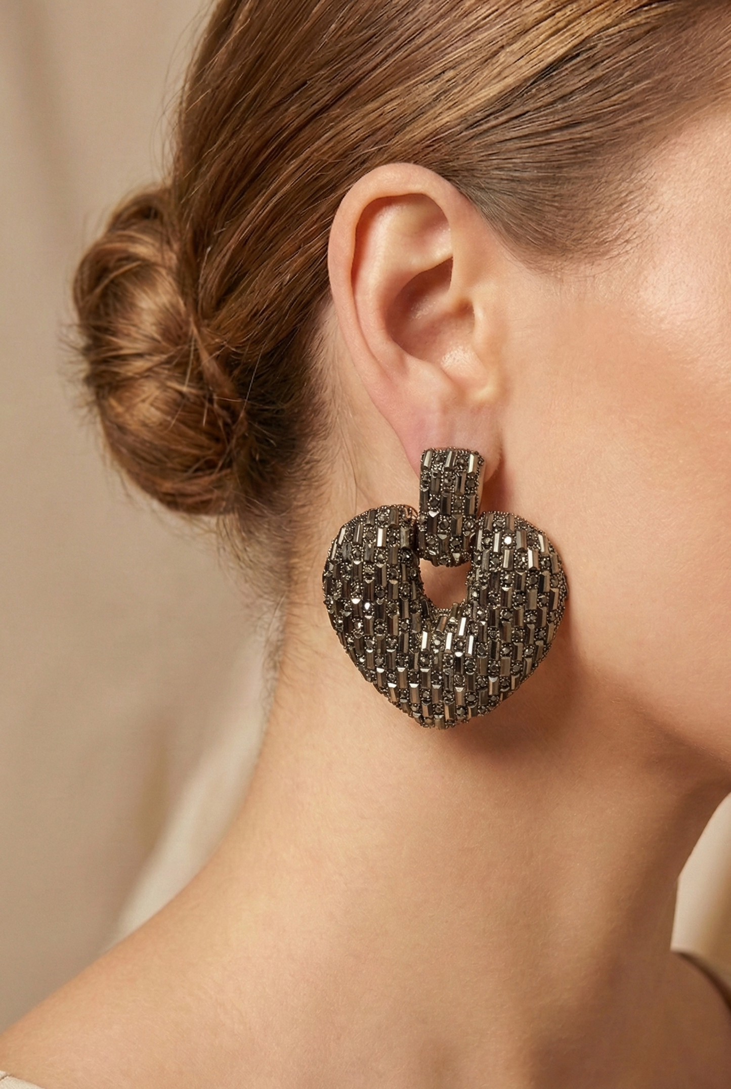 Heart-Shaped Stud Earrings with Dark Crystals