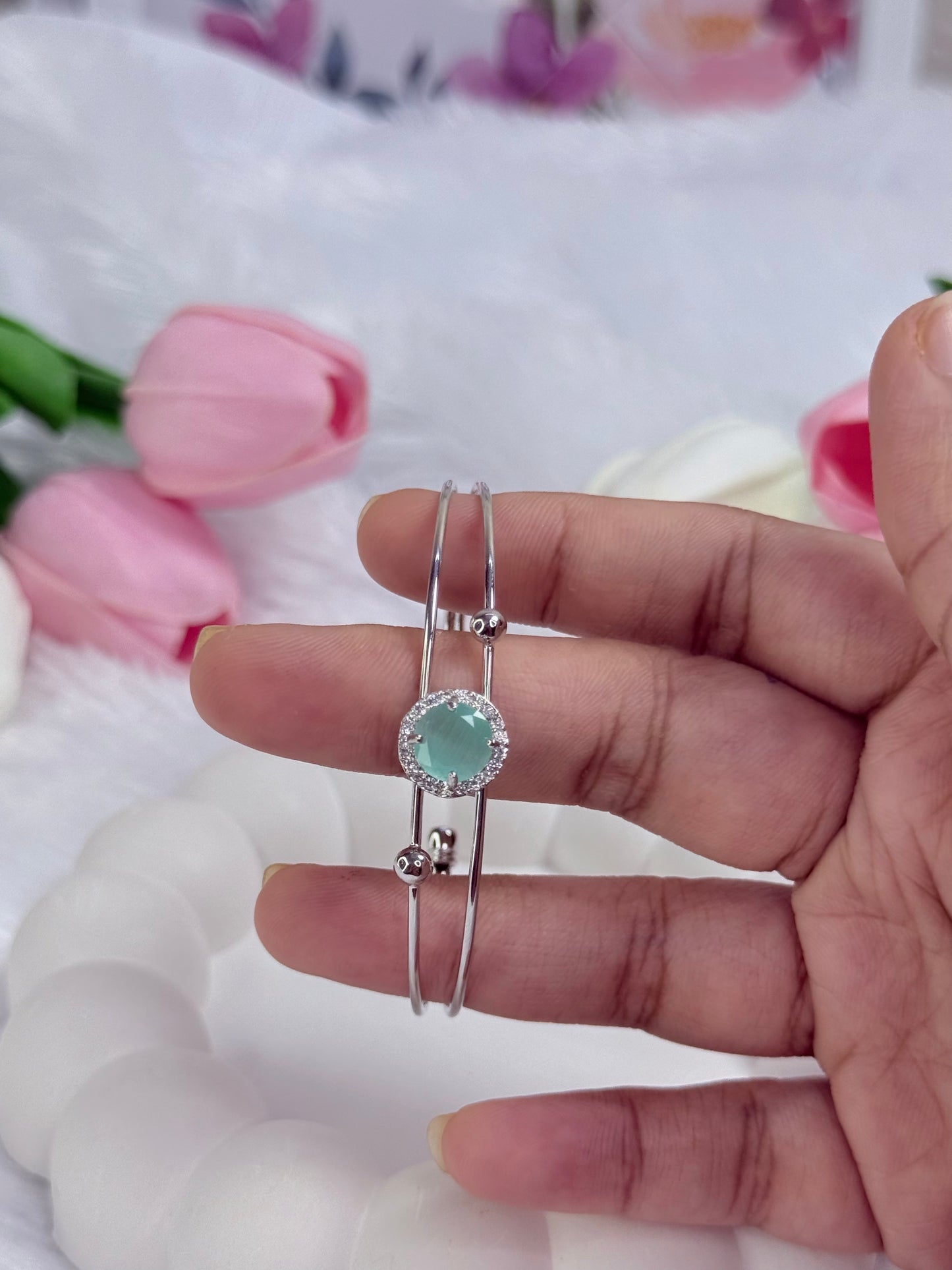 Silver Rounded Bracelet with Gem stoned  | Adjustable Bracelet