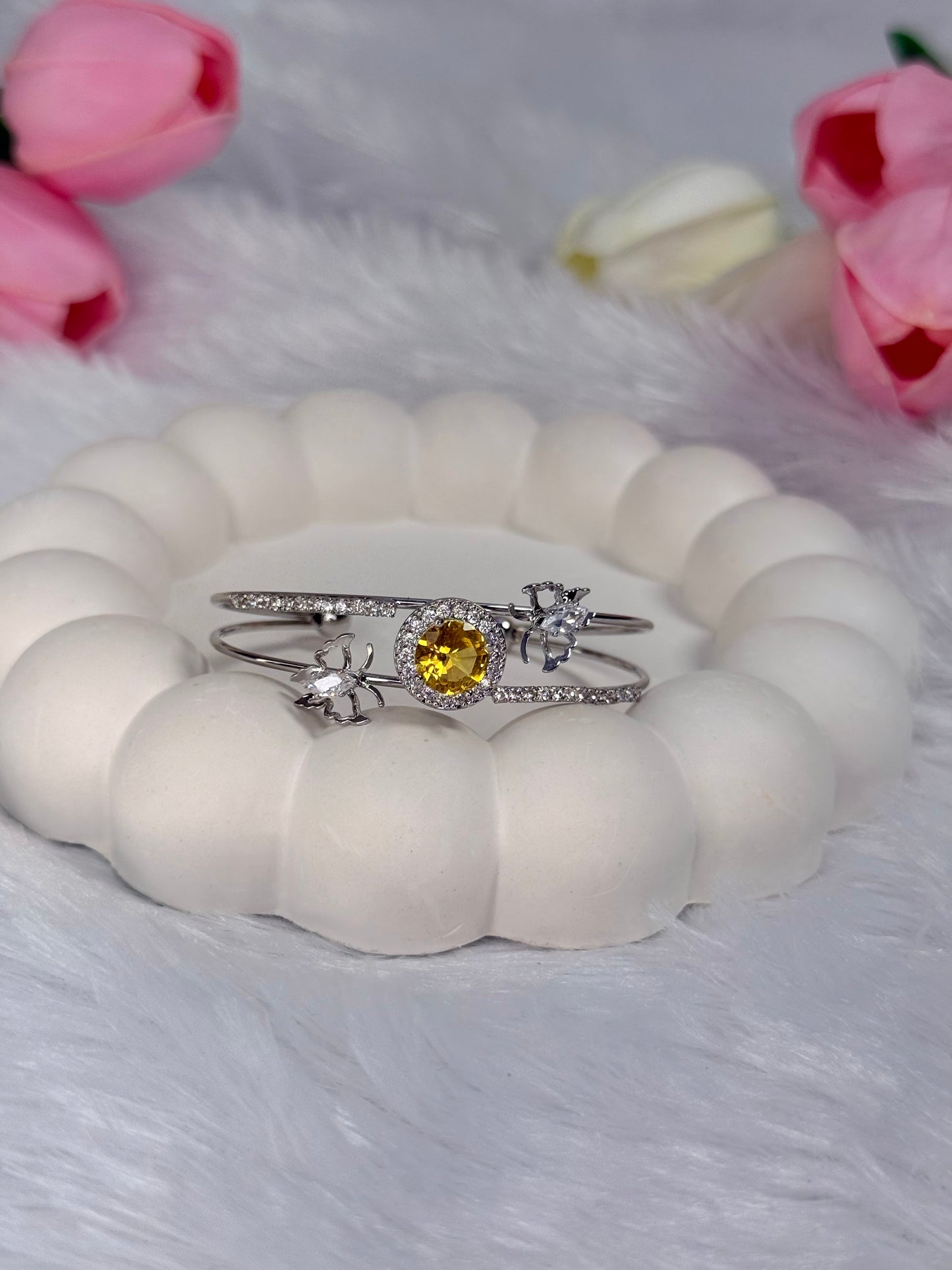 Silver Gem stone with Butterfly Stoned Adjustable Bracelet