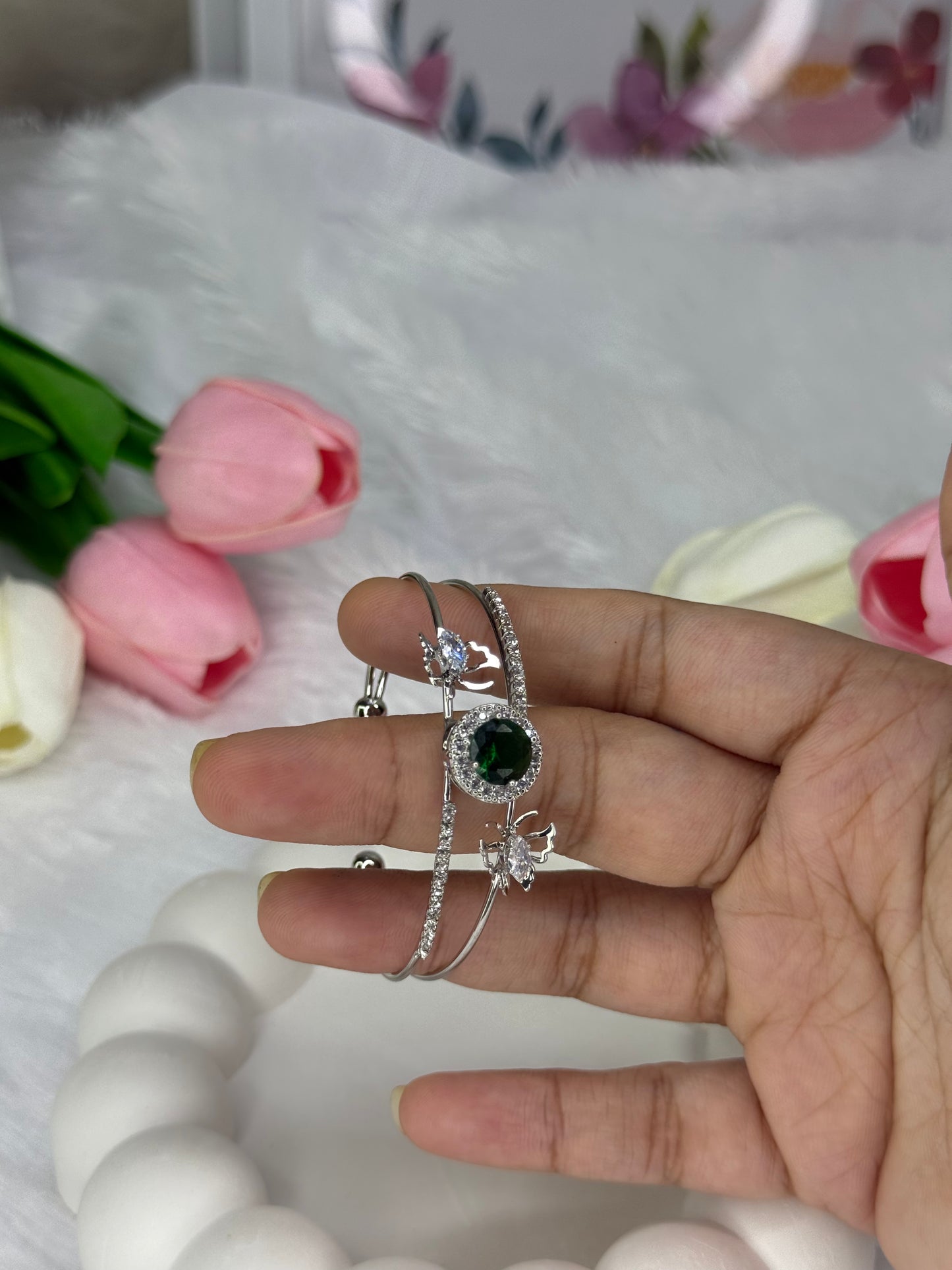 Silver Gem stone with Butterfly Stoned Adjustable Bracelet