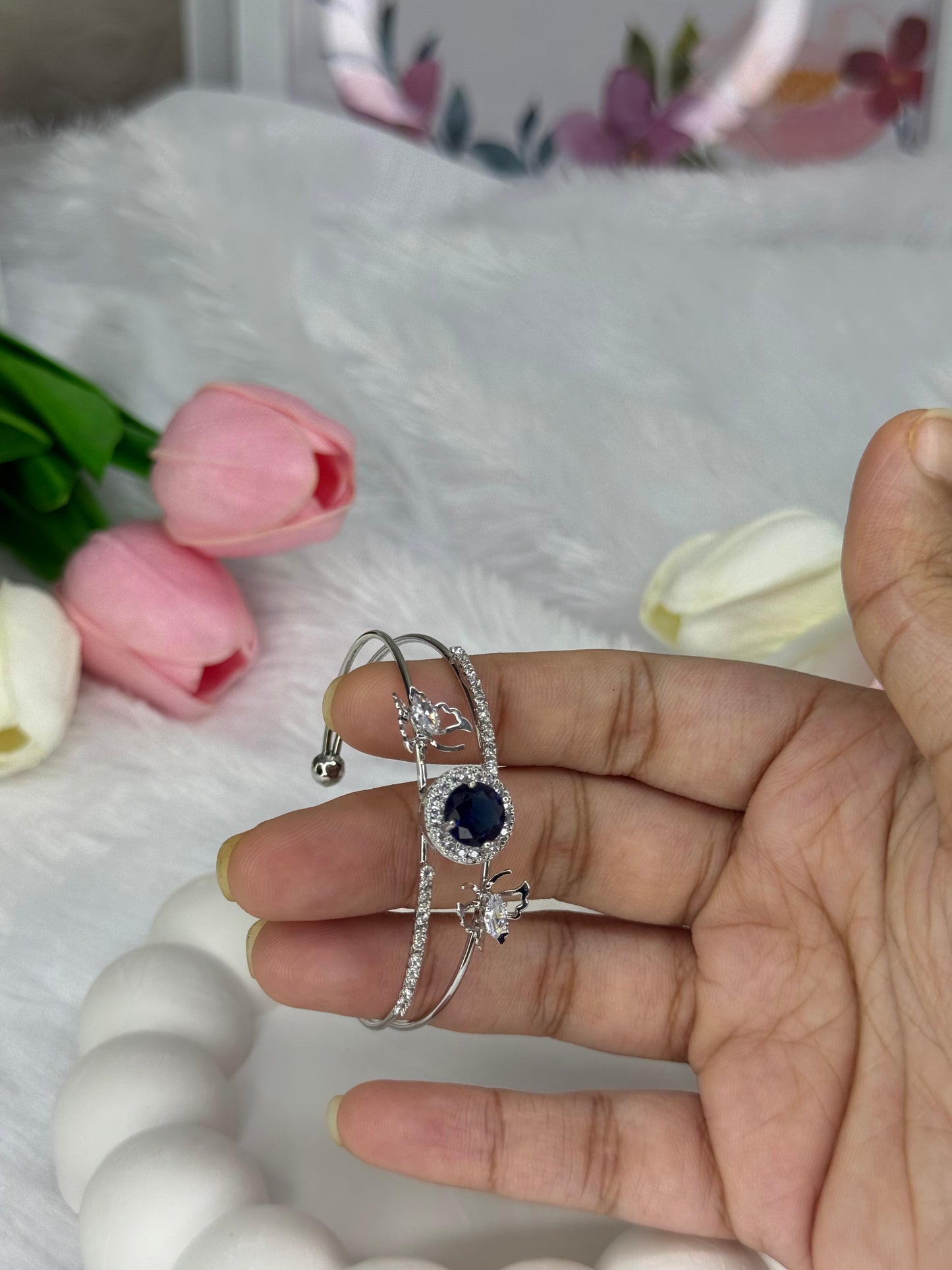 Silver Gem stone with Butterfly Stoned Adjustable Bracelet