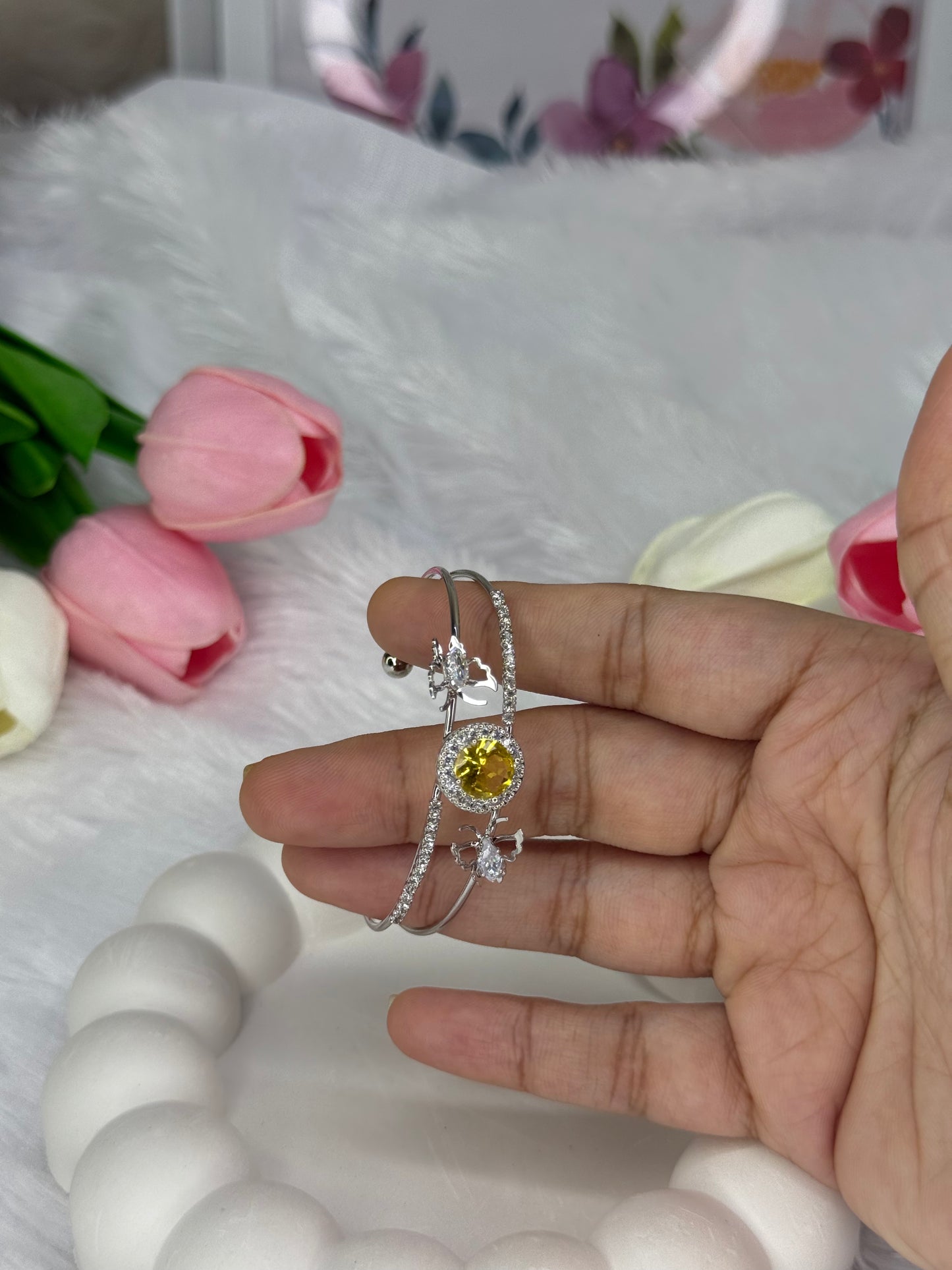 Silver Gem stone with Butterfly Stoned Adjustable Bracelet