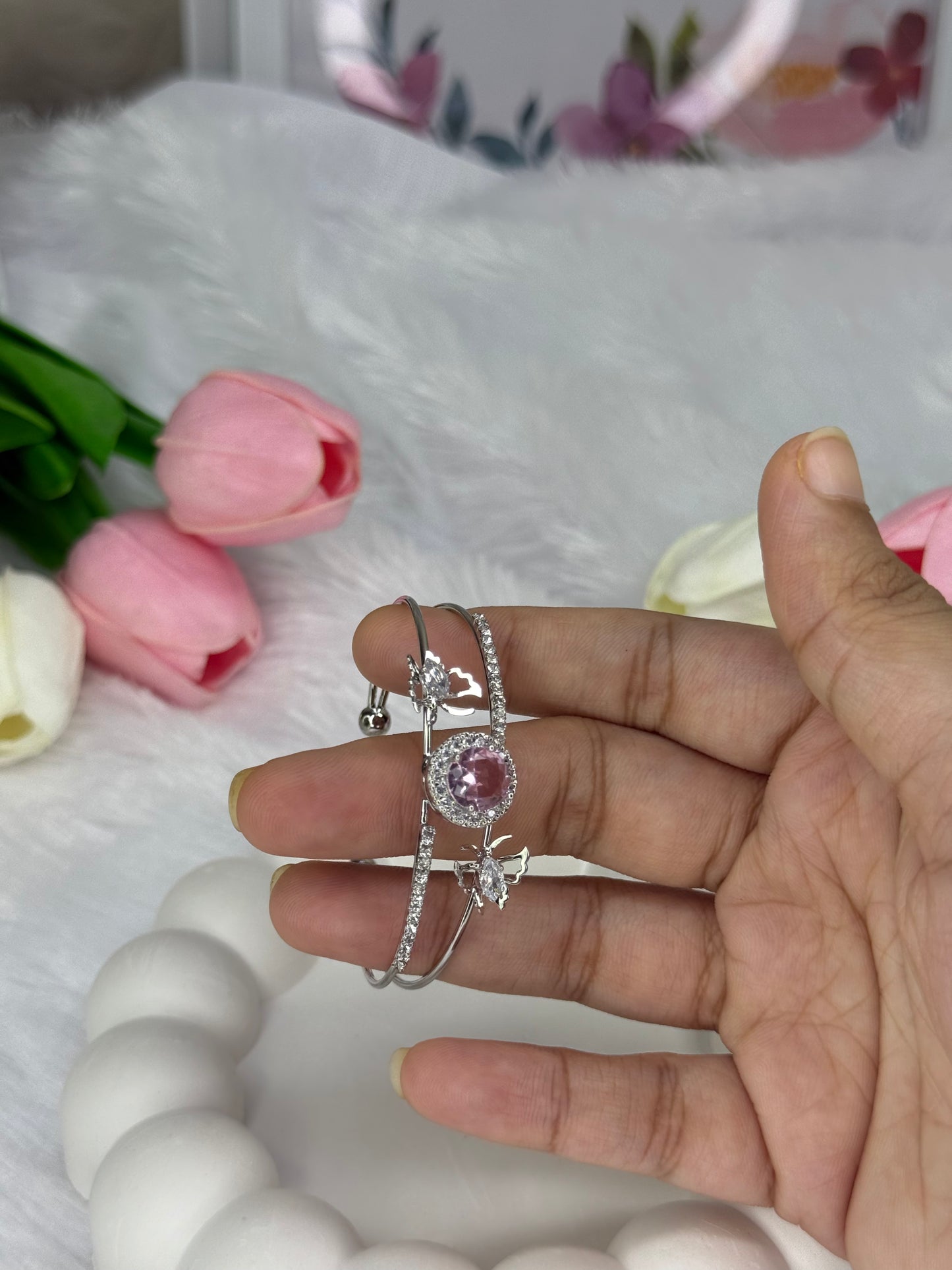 Silver Gem stone with Butterfly Stoned Adjustable Bracelet