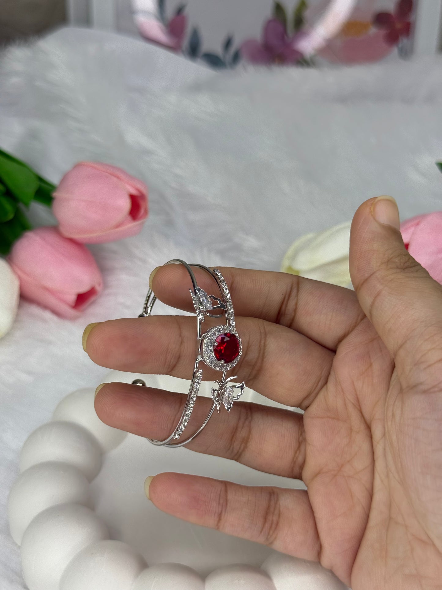 Silver Gem stone with Butterfly Stoned Adjustable Bracelet