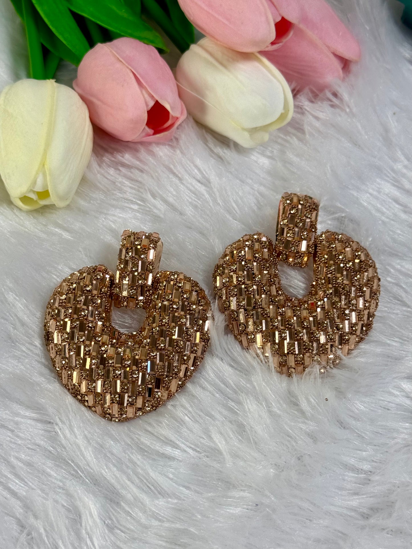 Heart-Shaped Stud Earrings with Dark Crystals