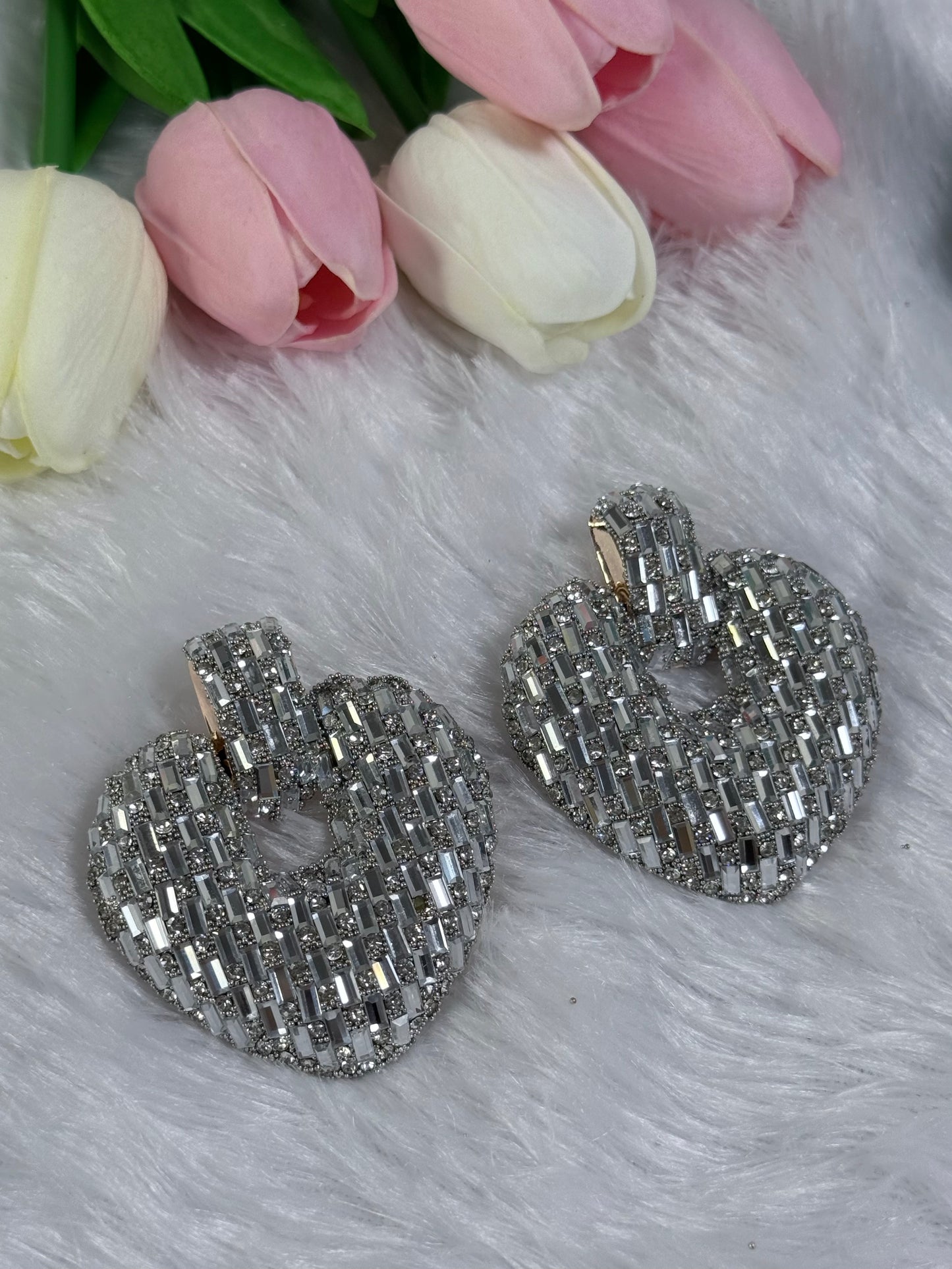 Heart-Shaped Stud Earrings with Dark Crystals