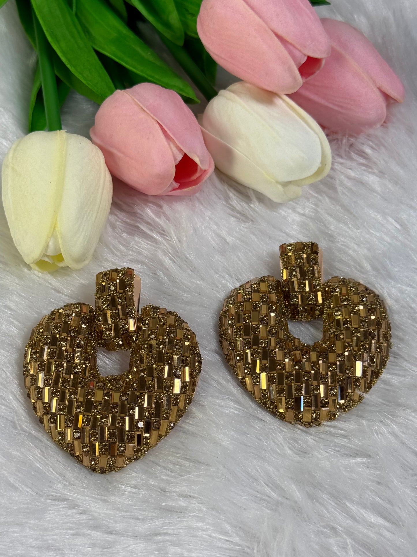 Heart-Shaped Stud Earrings with Dark Crystals