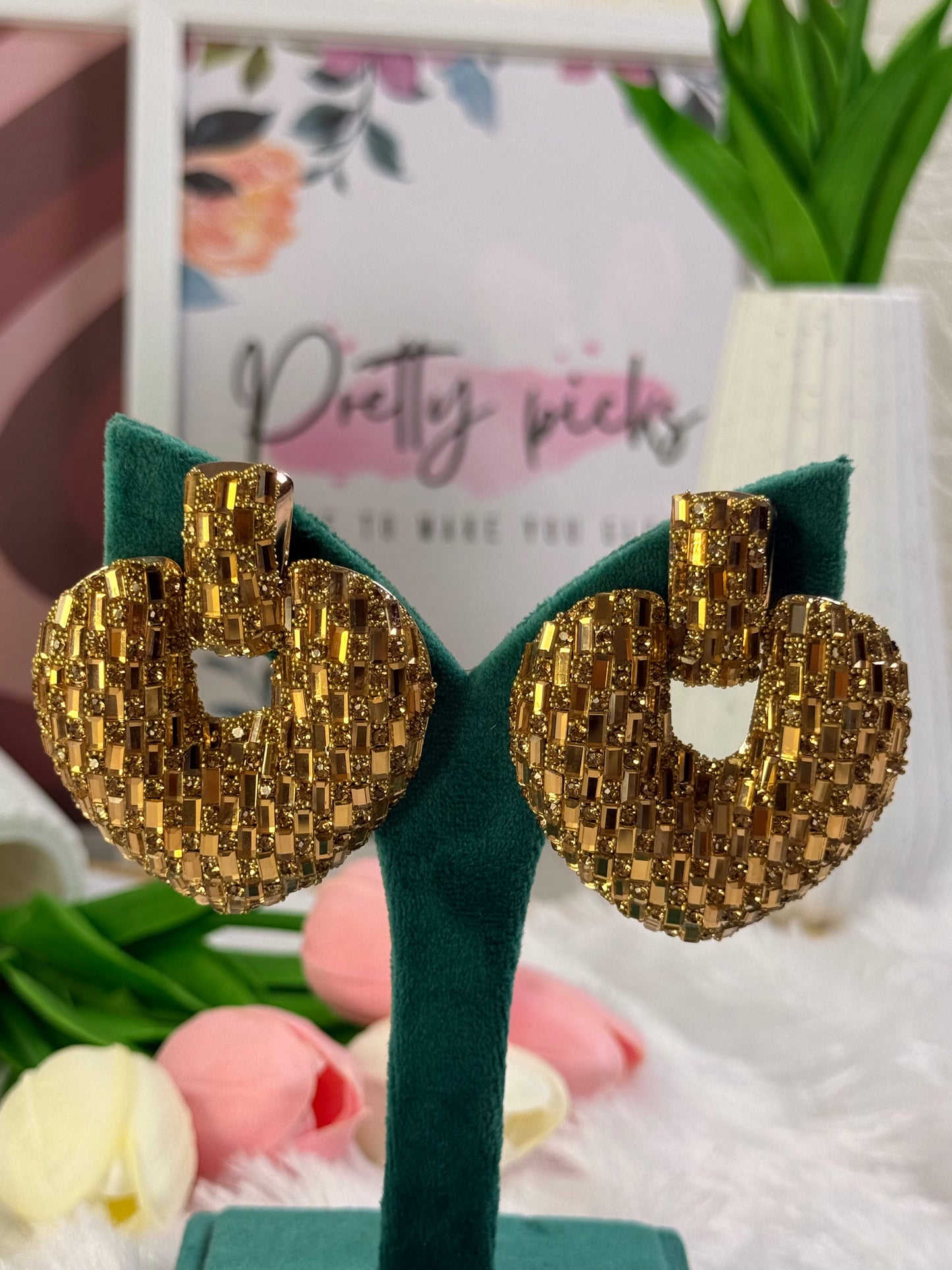 Heart-Shaped Stud Earrings with Dark Crystals