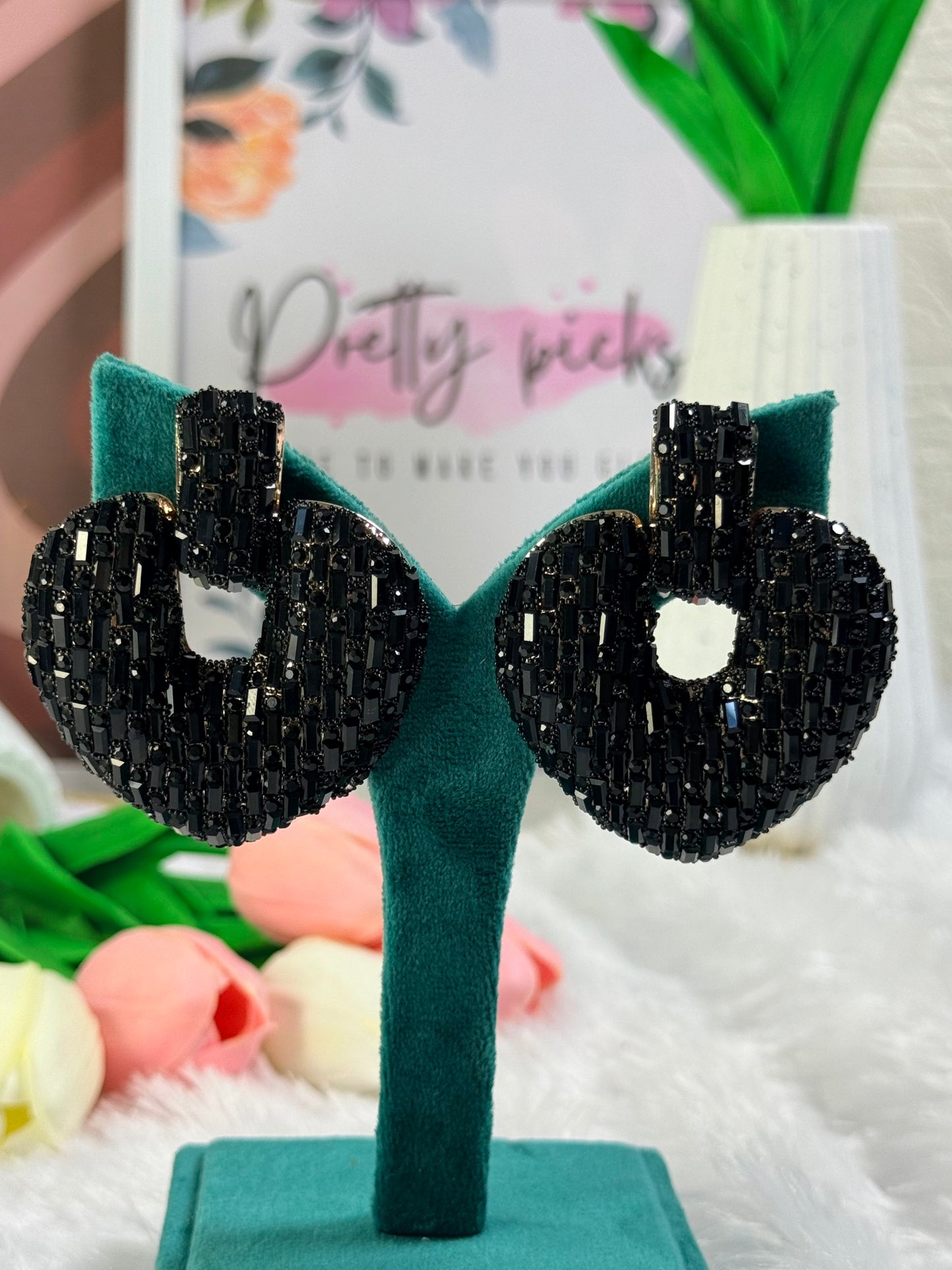 Heart-Shaped Stud Earrings with Dark Crystals