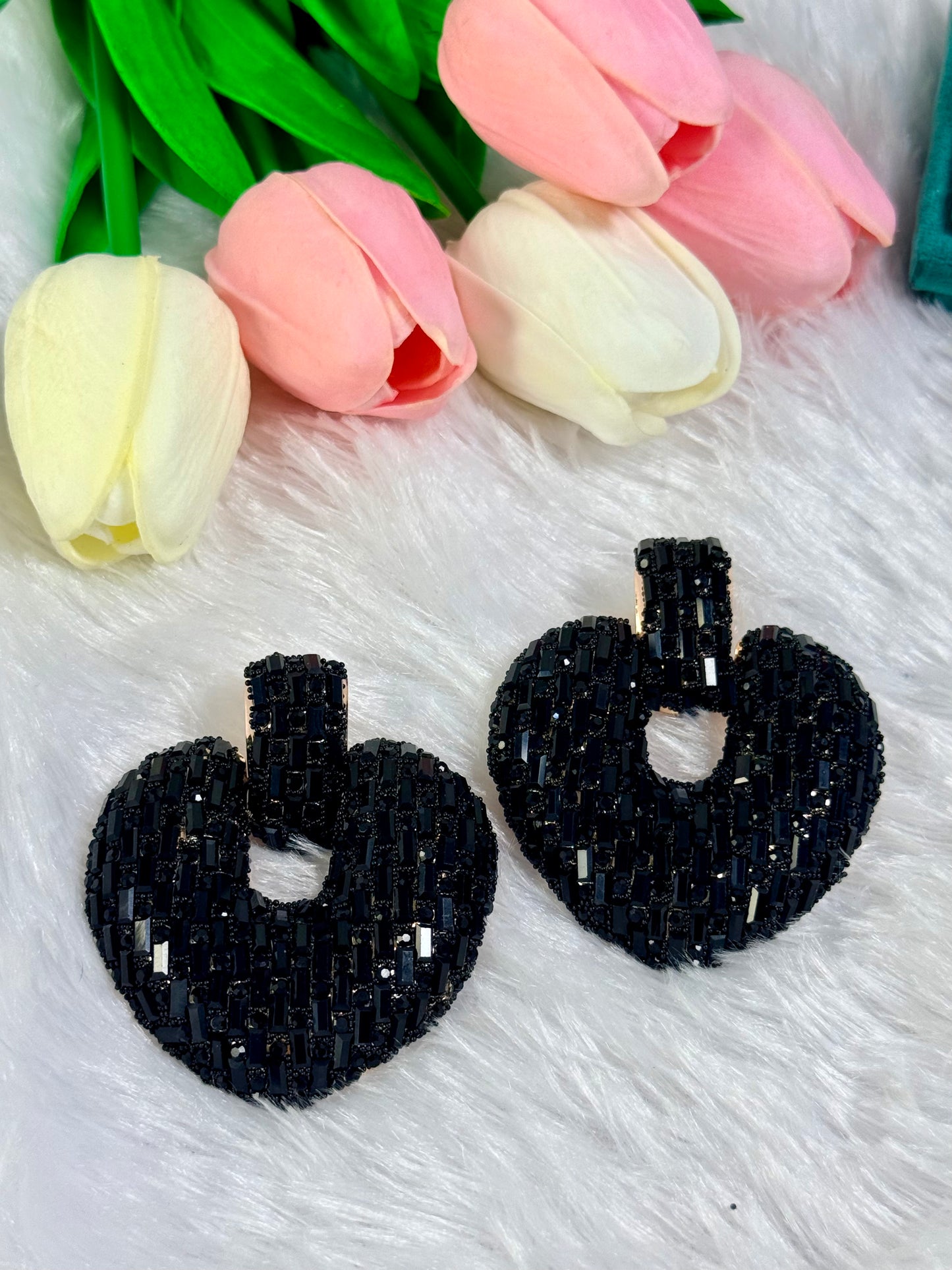 Heart-Shaped Stud Earrings with Dark Crystals