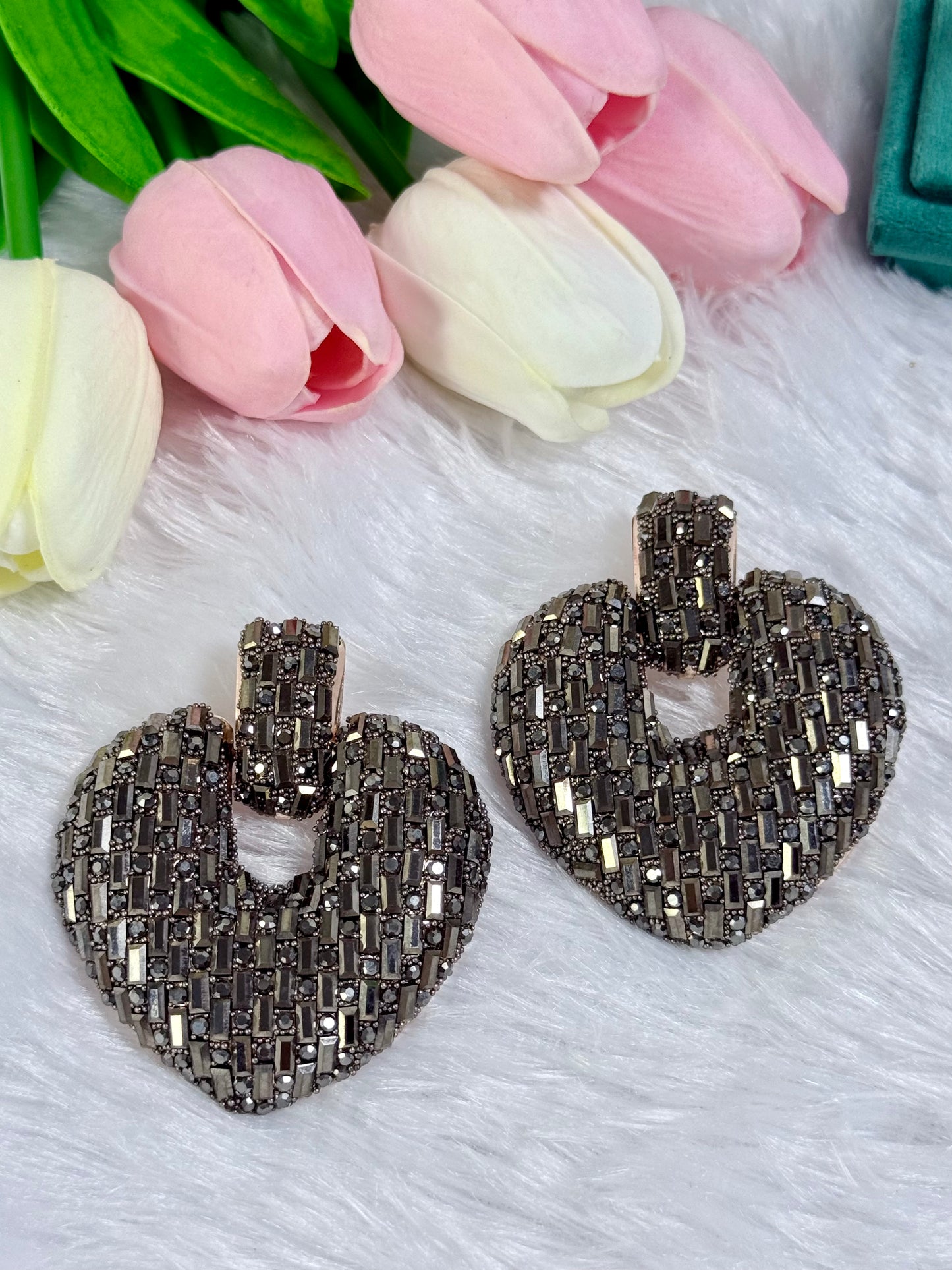 Heart-Shaped Stud Earrings with Dark Crystals