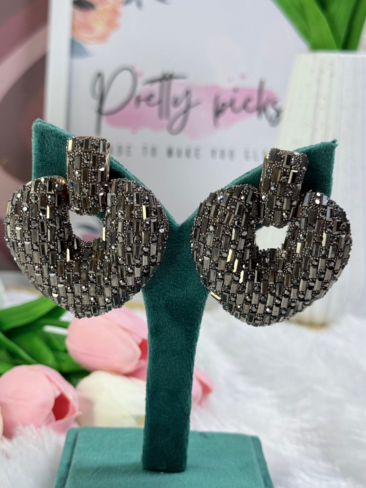 Heart-Shaped Stud Earrings with Dark Crystals